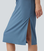 Robe tailleur mi-longue moulante manches courtes froncée