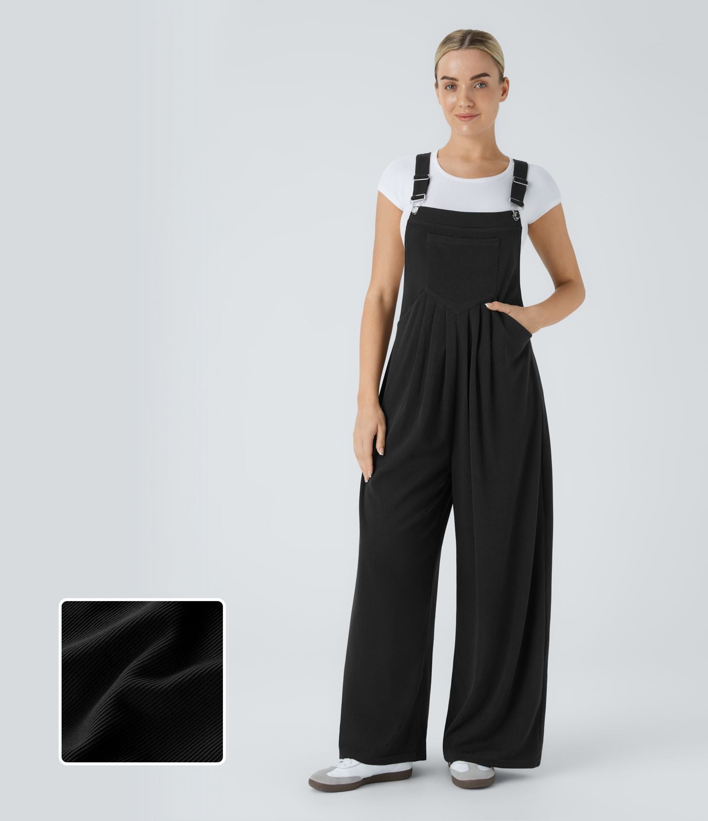 Salopette Casual à Bretelles Ajustables en Tricot Côtelé avec Multiples Poches Plissée