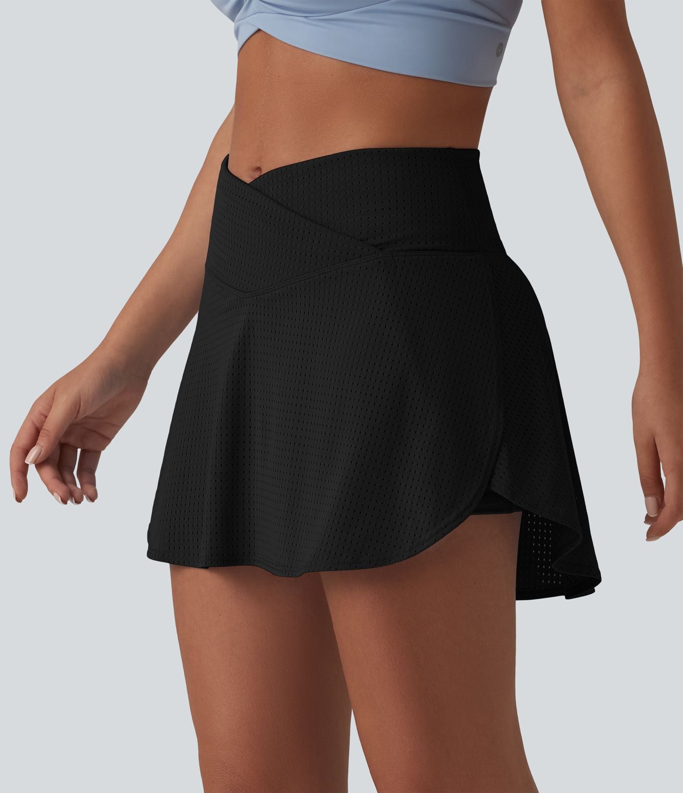 Jupe mini de tennis à œillets, taille haute, 2 en 1, coupe trapèze, croisée, avec poches