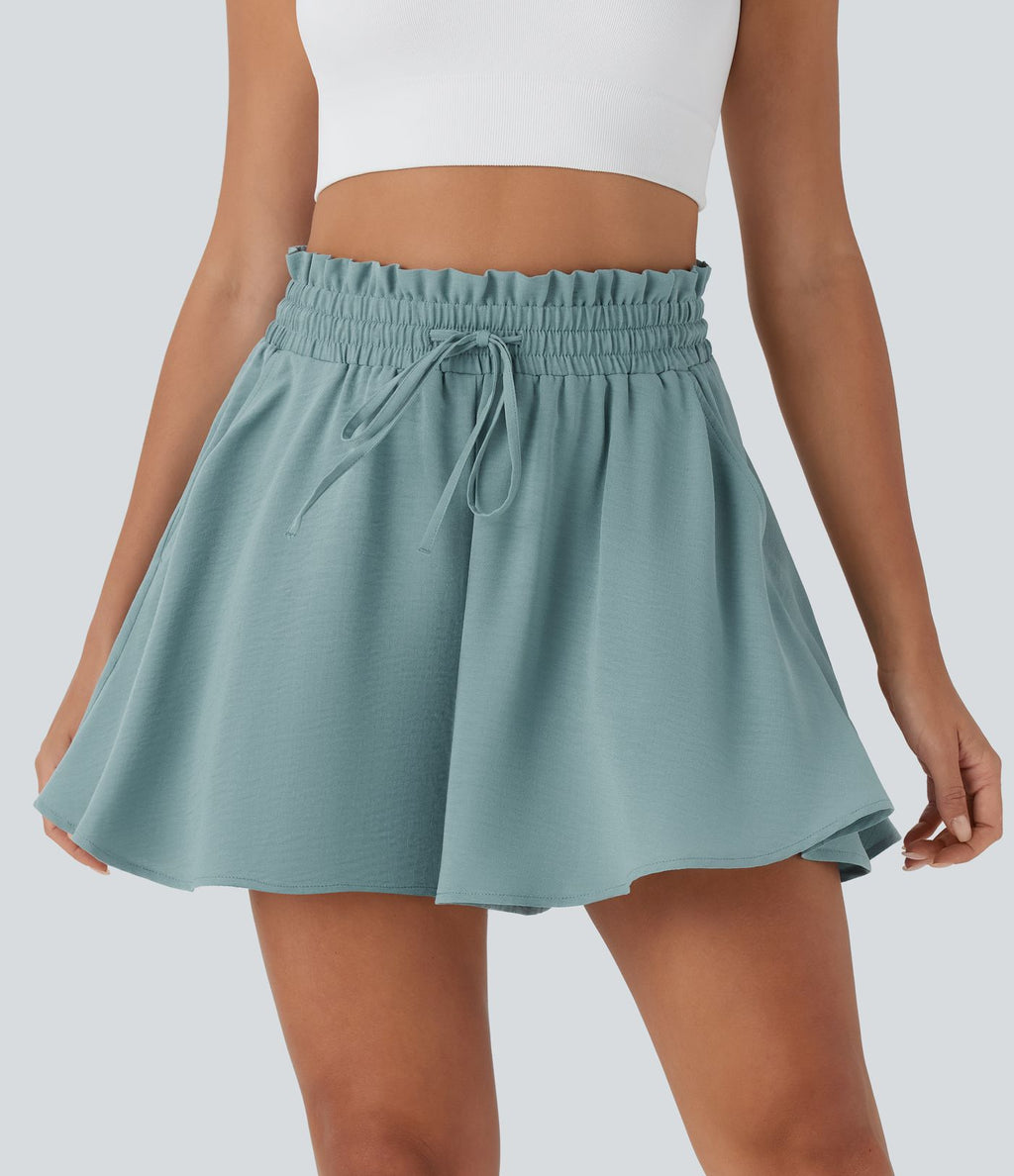 Short large décontracté taille haute façon paperbag avec cordon, poches latérales et aspect lin