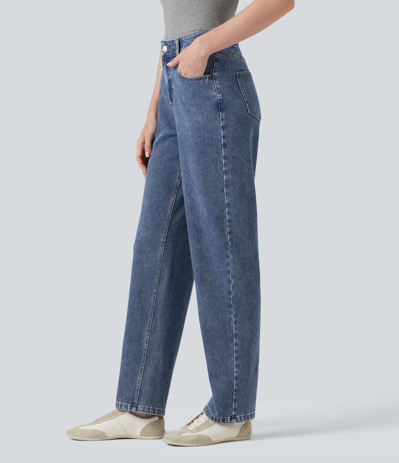 Halara Flex™ Jean droit extensible à taille haute avec bouton, fermeture éclair et poches multiples