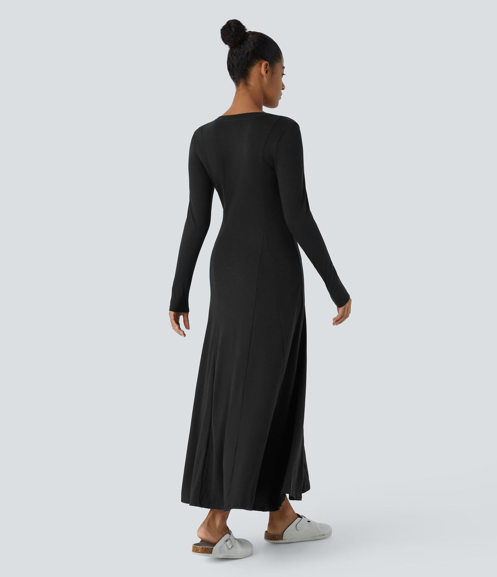 Robe de Casual Maxi Manches Longues Évasées et Boutons au Col Rond