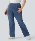 Jean décontracté Halara Flex™ grande taille bootcut taille haute en maille extensible délavée avec multiples poches