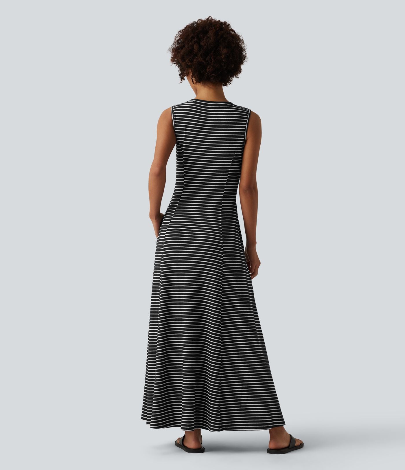 Robe longue fluide casual Henley sans manches à rayures avec poches