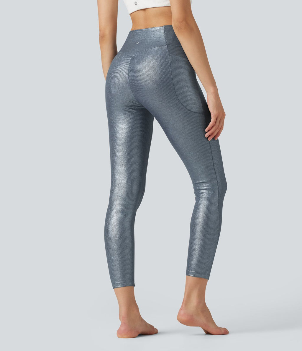 Legging de yoga en maille côtelée taille haute croisée avec imprimé métallisé et poches