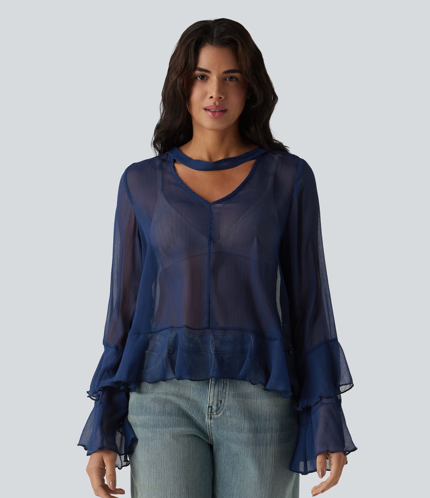 Chemise casual transparente col V manches longues à volants
