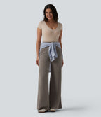 Pantalon casual bootcut gainant taille haute à cordon de serrage en maille côtelée avec poches