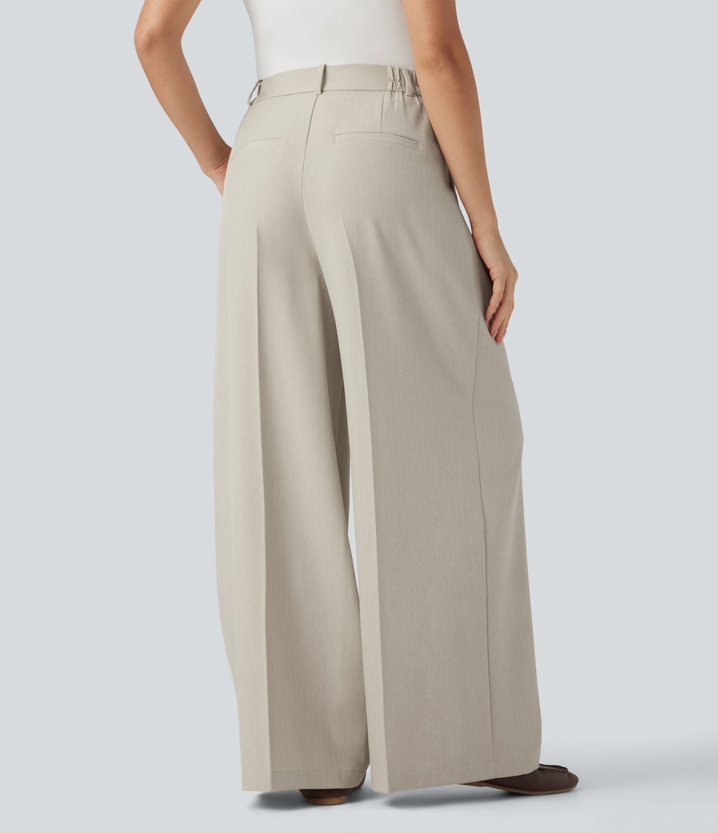 Pantalon tailleur anti-froissement aspect lin taille haute jambe large avec poches