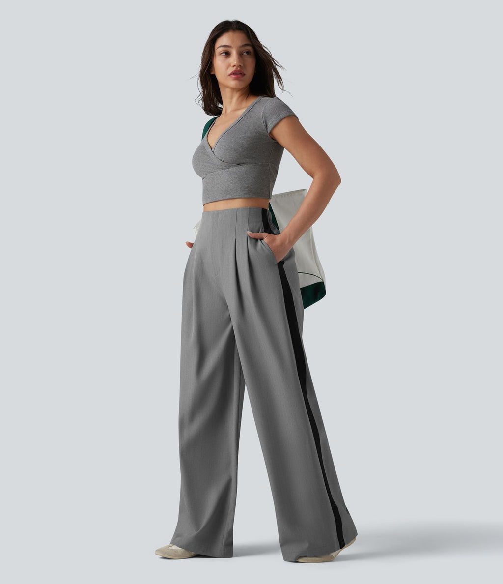 Pantalon large infroissable taille haute color block décontracté aspect lin avec poches