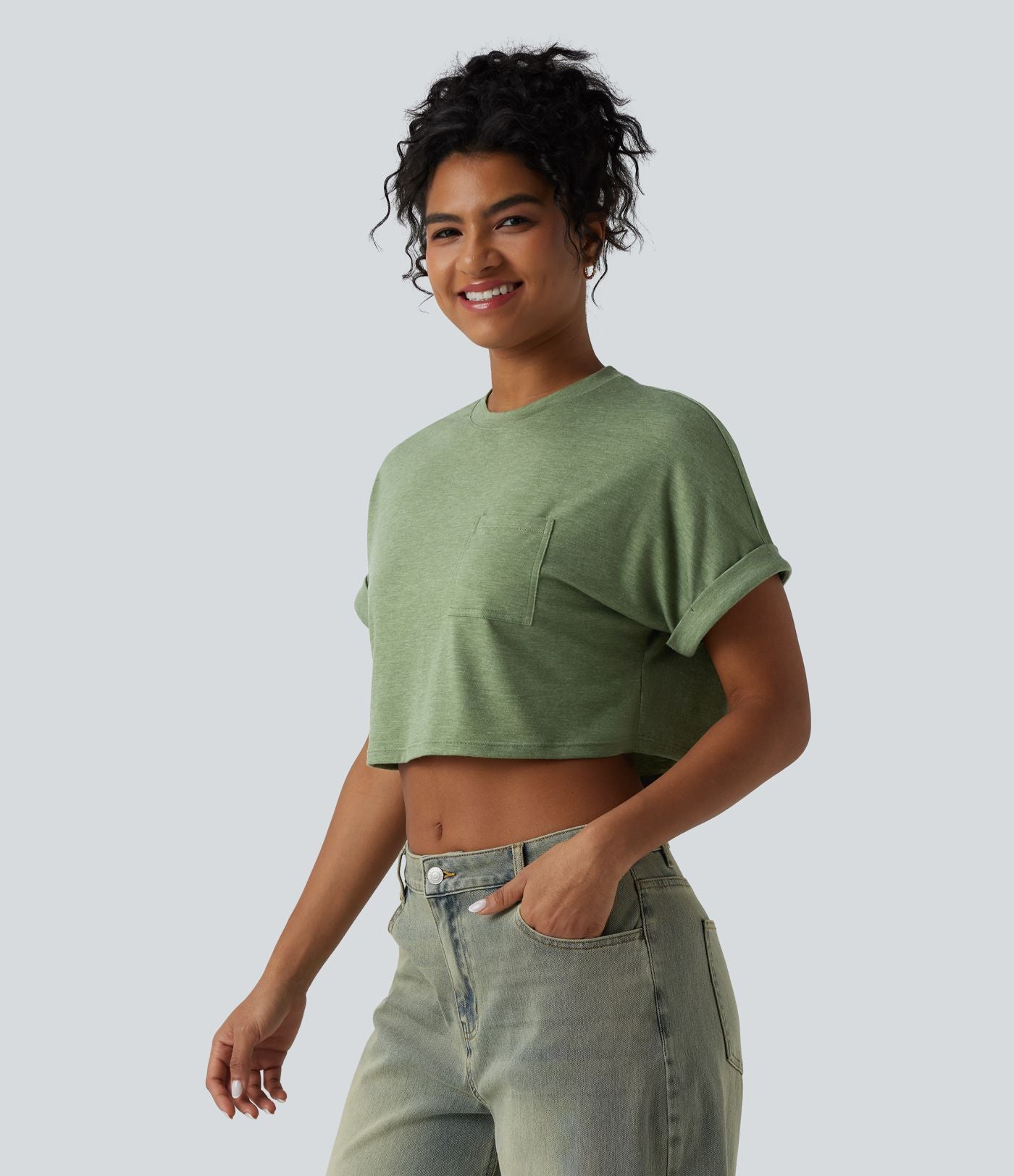 T-shirt décontracté court chiné col rond manches courtes coupe ample avec poche
