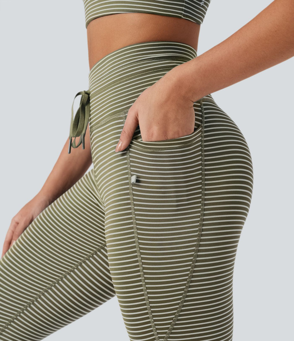 Legging de yoga rayé taille haute avec cordon de serrage et poches