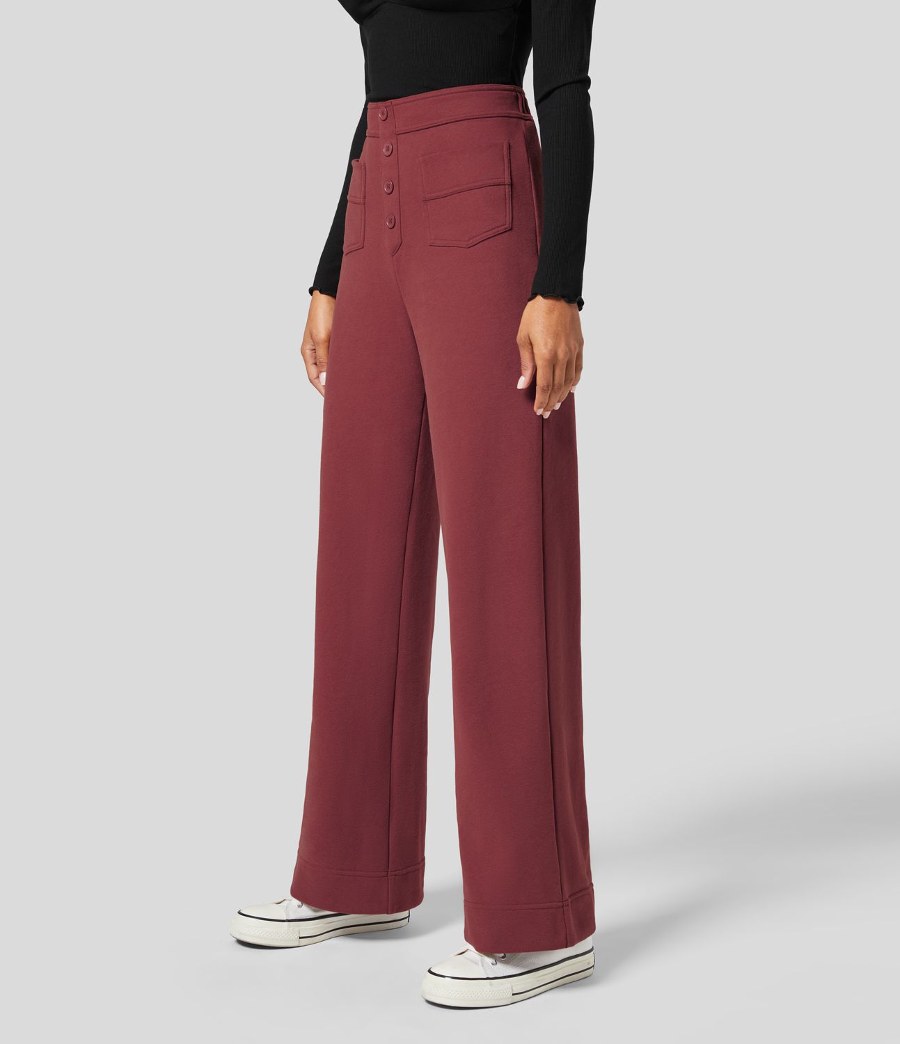 Pantalon Jogging en Fleece Thermique Jambe Droite Boutons Taille Haute Plusieurs Poches