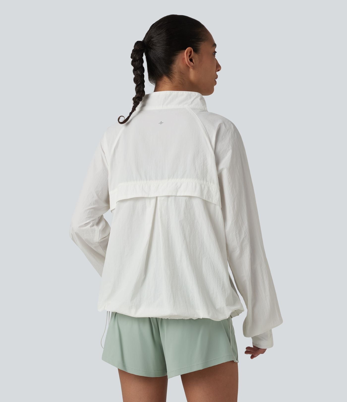 Coupe-vent casual à col droit avec trou pouces, cordon de serrage et poches
