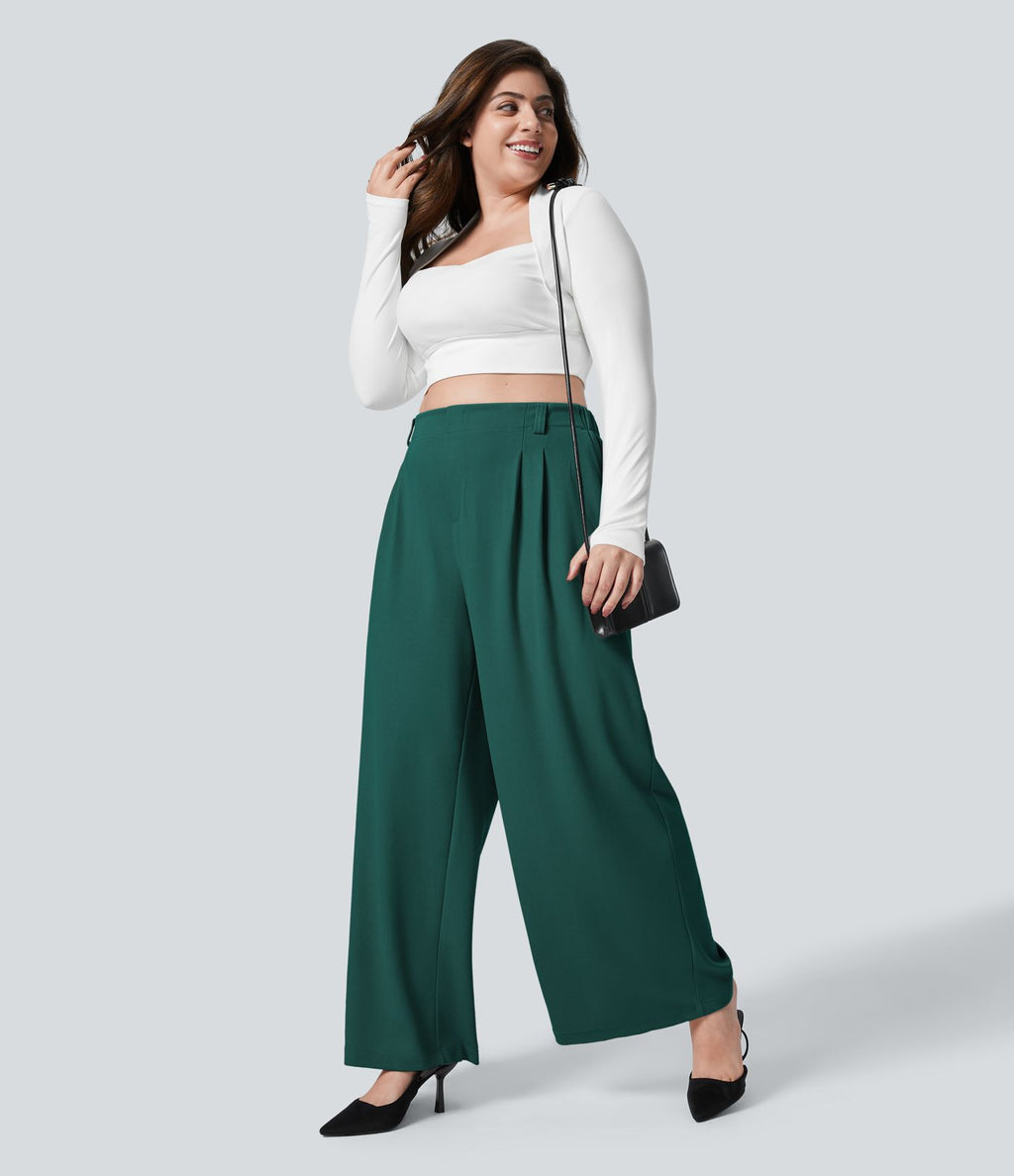 Halara Flex™ Pantalon tailleur Grande taille à Taille Haute, Poches Latérales Plissées, Jambes Larges, en Tissu Gaufré