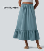 Jupe casual mi-longue évasée en popeline stretch taille haute avec cordon de serrage, ourlet volanté et poches