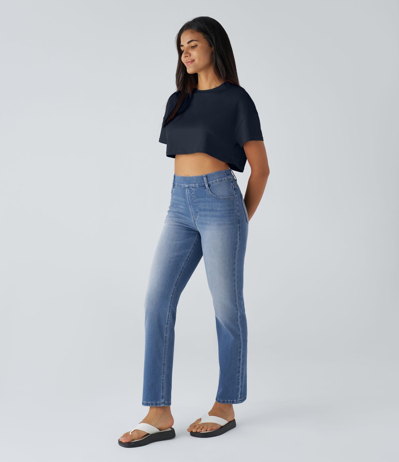 Jean droit Halara Flex™ à taille haute, poches multiples, effet délavé et tissu extensible