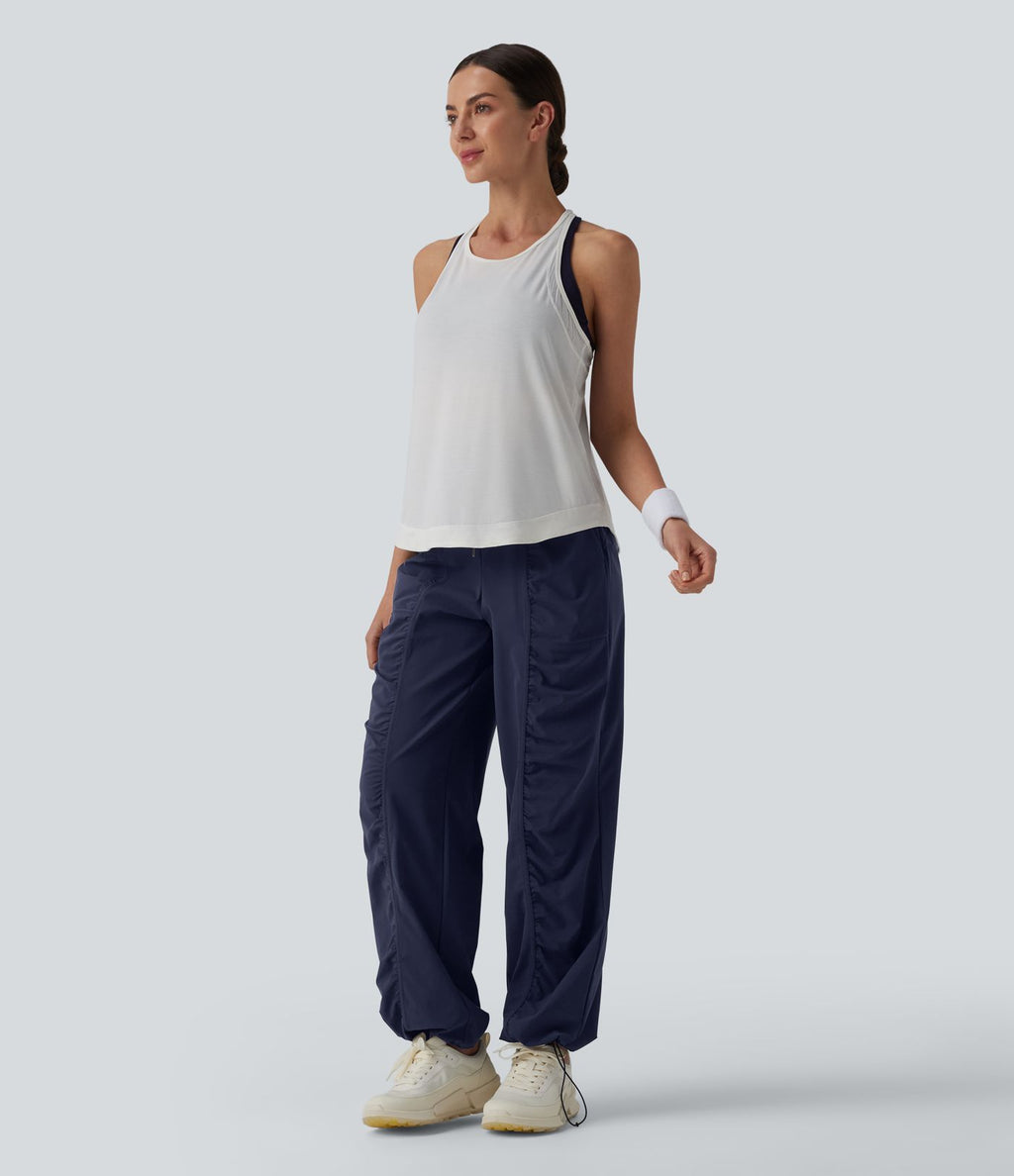 Pantalon running coupe droite taille haute à cordon de serrage et fronces séchage rapide avec poches