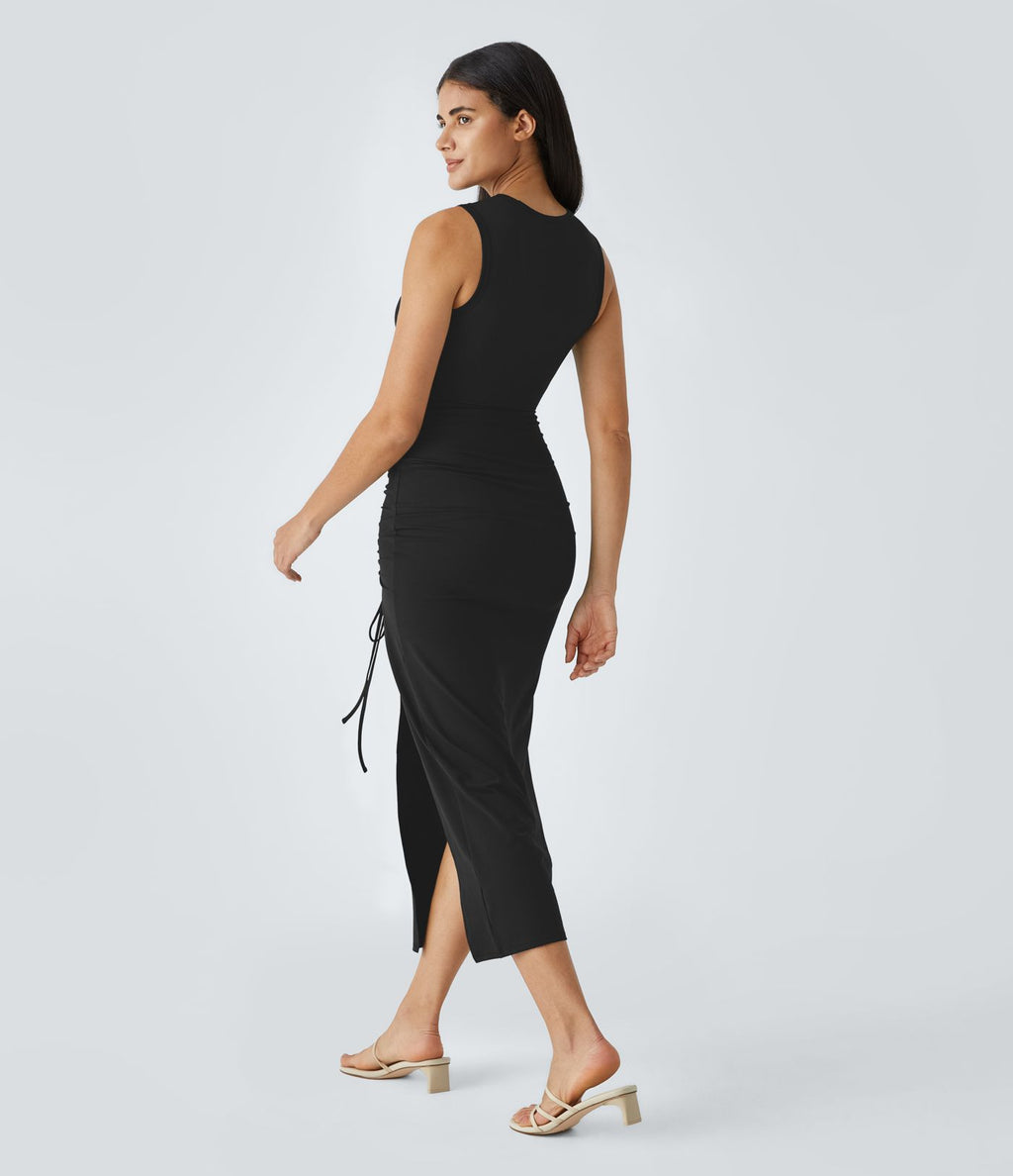 Robe Midi Casual Moulante  Ourlet Fendu Col Rond Découpes Torsadées Froncée Cordon Serrage