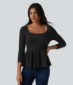 Haut babydoll décontracté en maille côtelée col en U manches 3/4