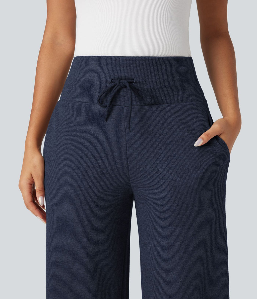 Pantalon jogging large décontracté côtelé gainant taille haute avec cordon de serrage et poches
