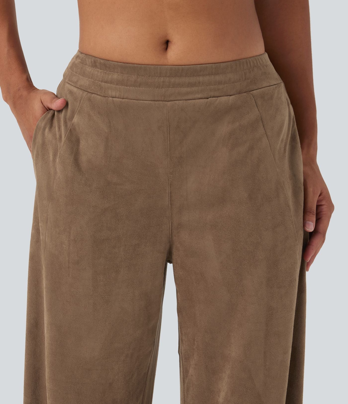 Pantalon ample décontracté suédine taille mi-haute avec poches