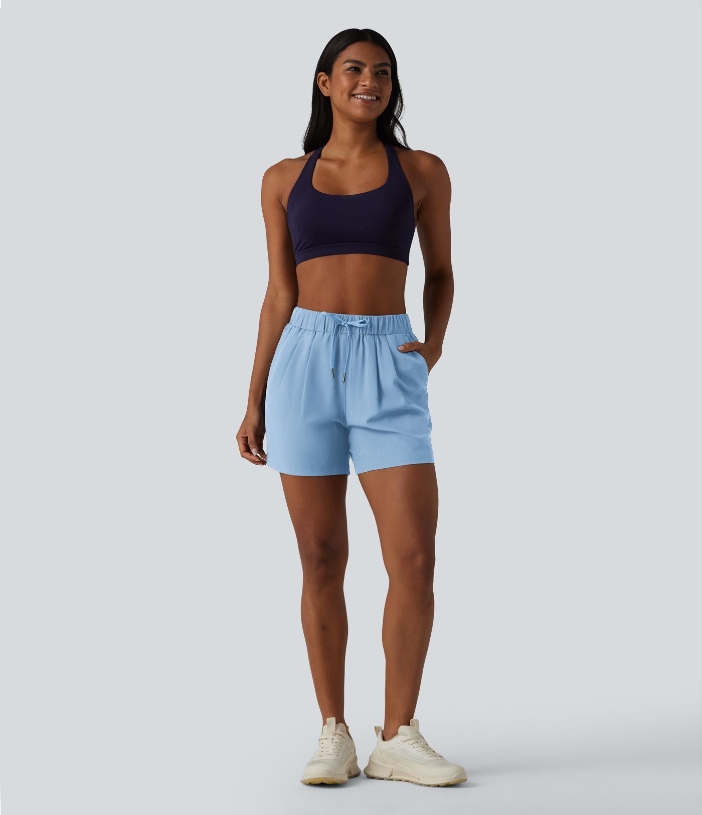 Short de yoga plissé taille haute élastique 12,5 cm avec cordon de serrage et poches