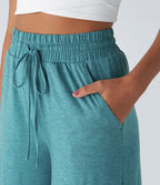 Pantalon Casual à Taille Haute avec Cordon De Serrage Poches Latérales et Volants Jambes Amples