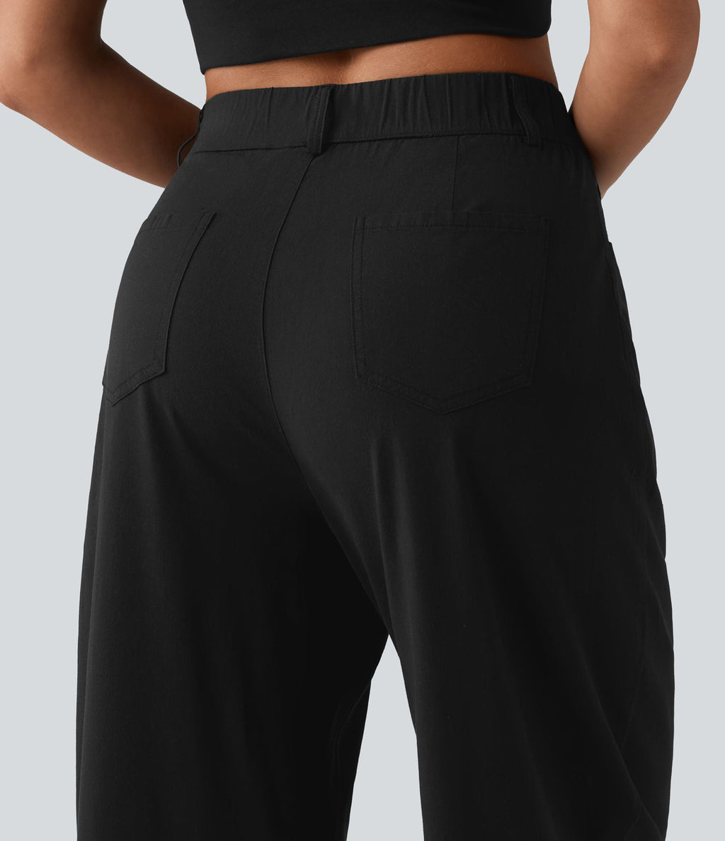 Pantalon casual taille haute en lin stretch coupe barrel avec poches