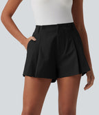 Short casual popeline stretch plissé taille mi-haute 7,5 cm avec poches