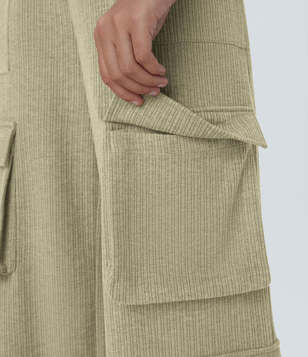 Pantalon cargo décontracté large à cordon côtelé, taille mi-haute, avec poches