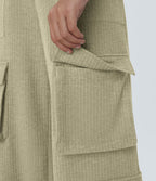 Pantalon cargo décontracté large à cordon côtelé, taille mi-haute, avec poches