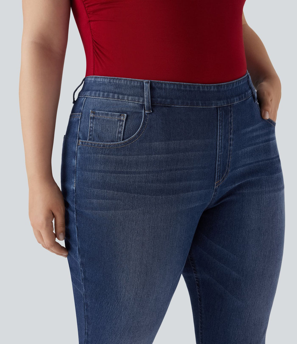 Jean décontracté grande taille évasé taille haute Halara Flex™ effet délavé avec multiples poches