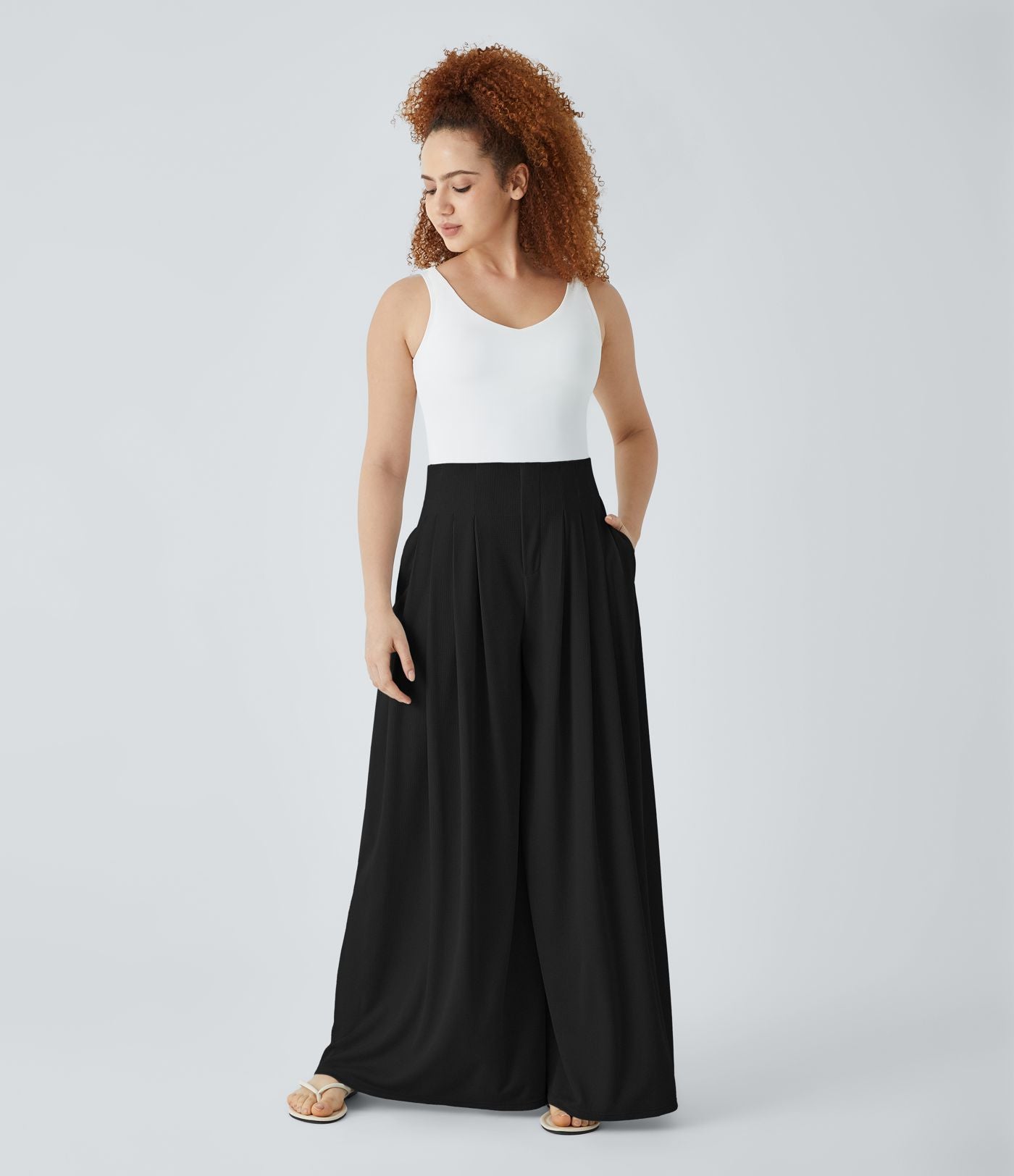 Pantalon décontracté palazzo en maille gaufrée, fluide, large, plissé, taille haute, avec poches
