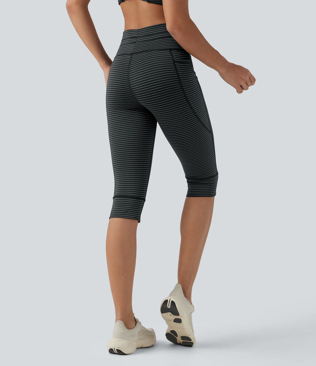Legging 3/4 de yoga taille haute à rayures avec cordon de serrage et poches