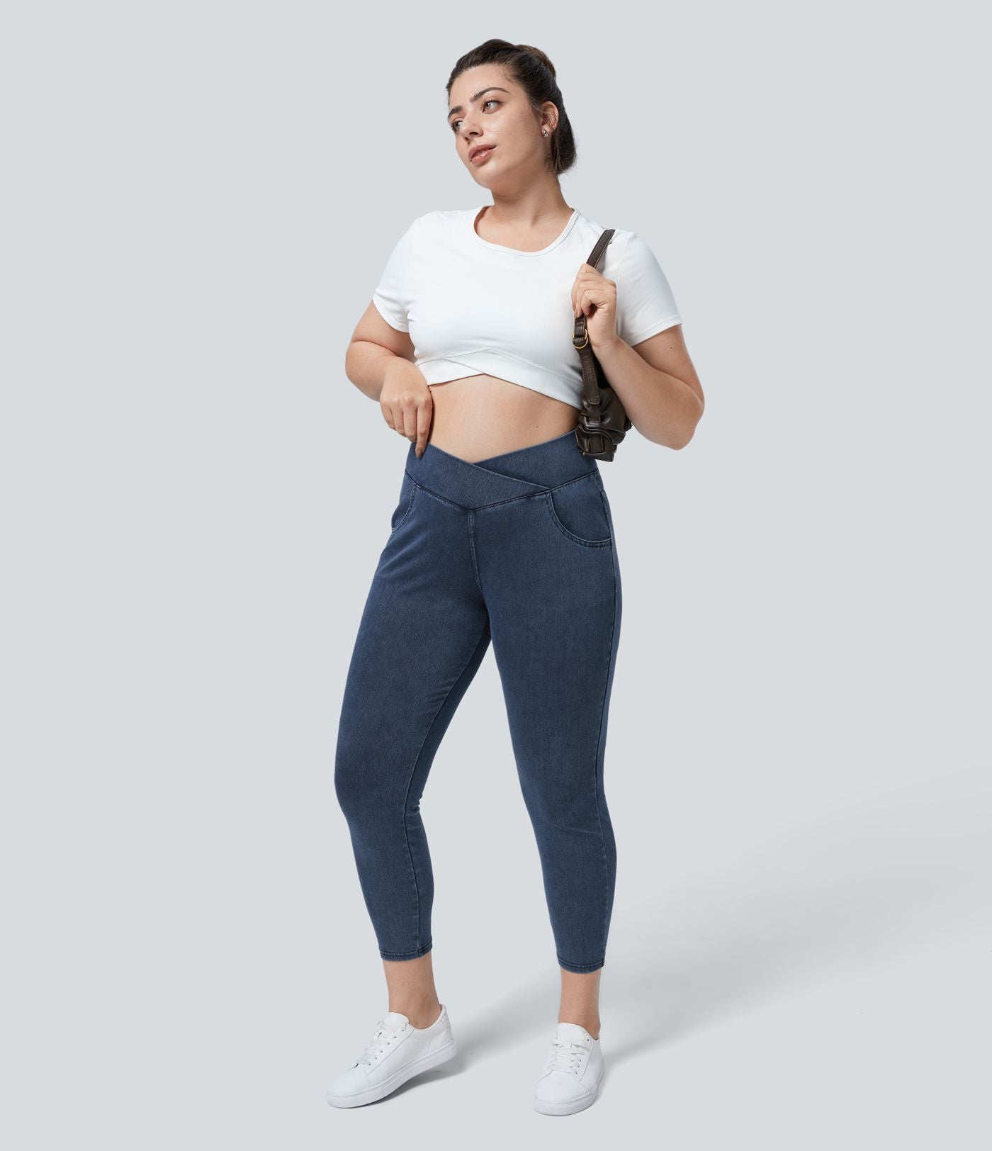 Halara Flex™ Legging Travail  7/8 Taille Croisée en Denim Tricot Extensible Taille Haute Poches Multiples Grande Taille