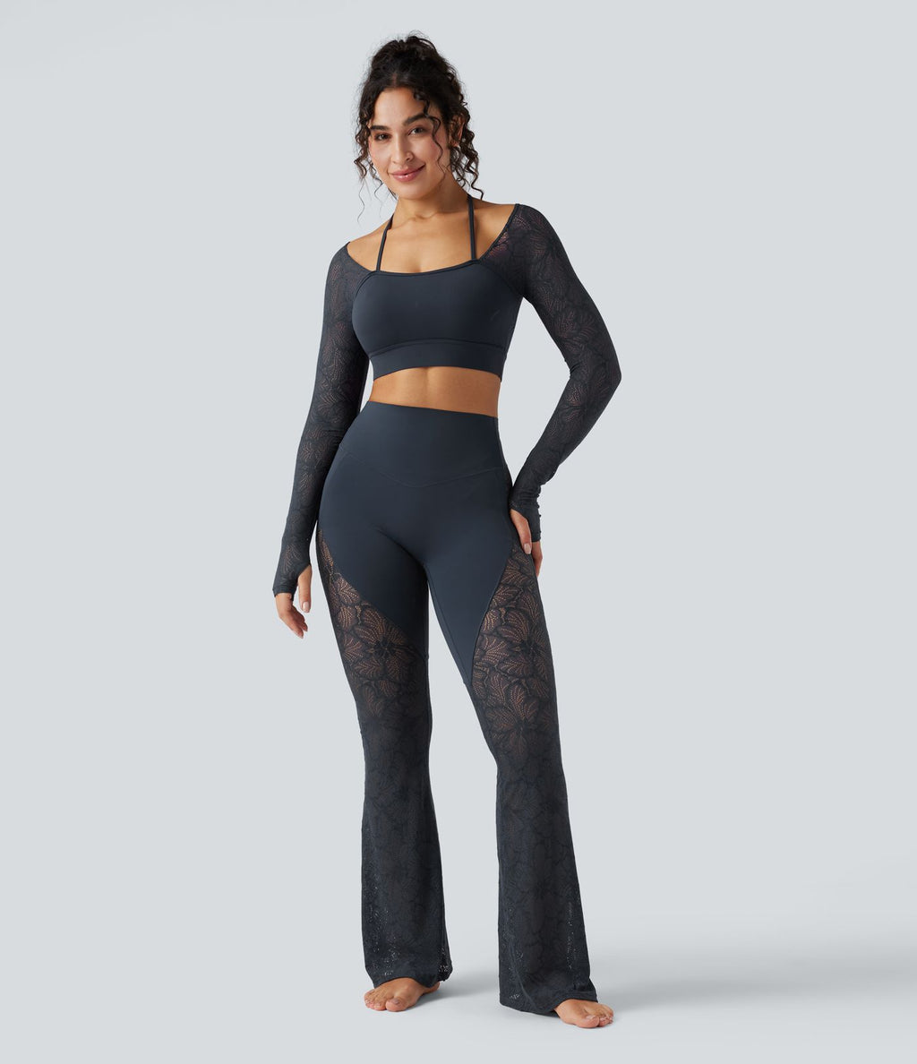 Pantalon de yoga évasé gainant taille haute avec dentelle contrastée et poche Halara UltraSculpt™