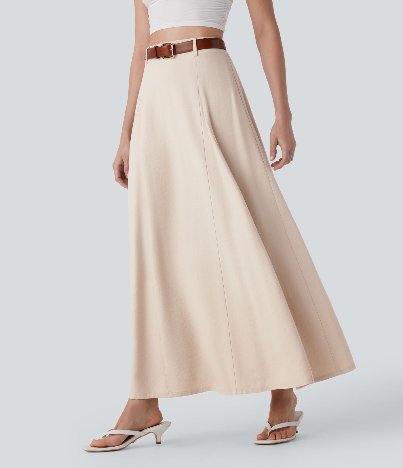 Jupe longue évasée à taille haute avec fermeture éclair invisible, aspect lin