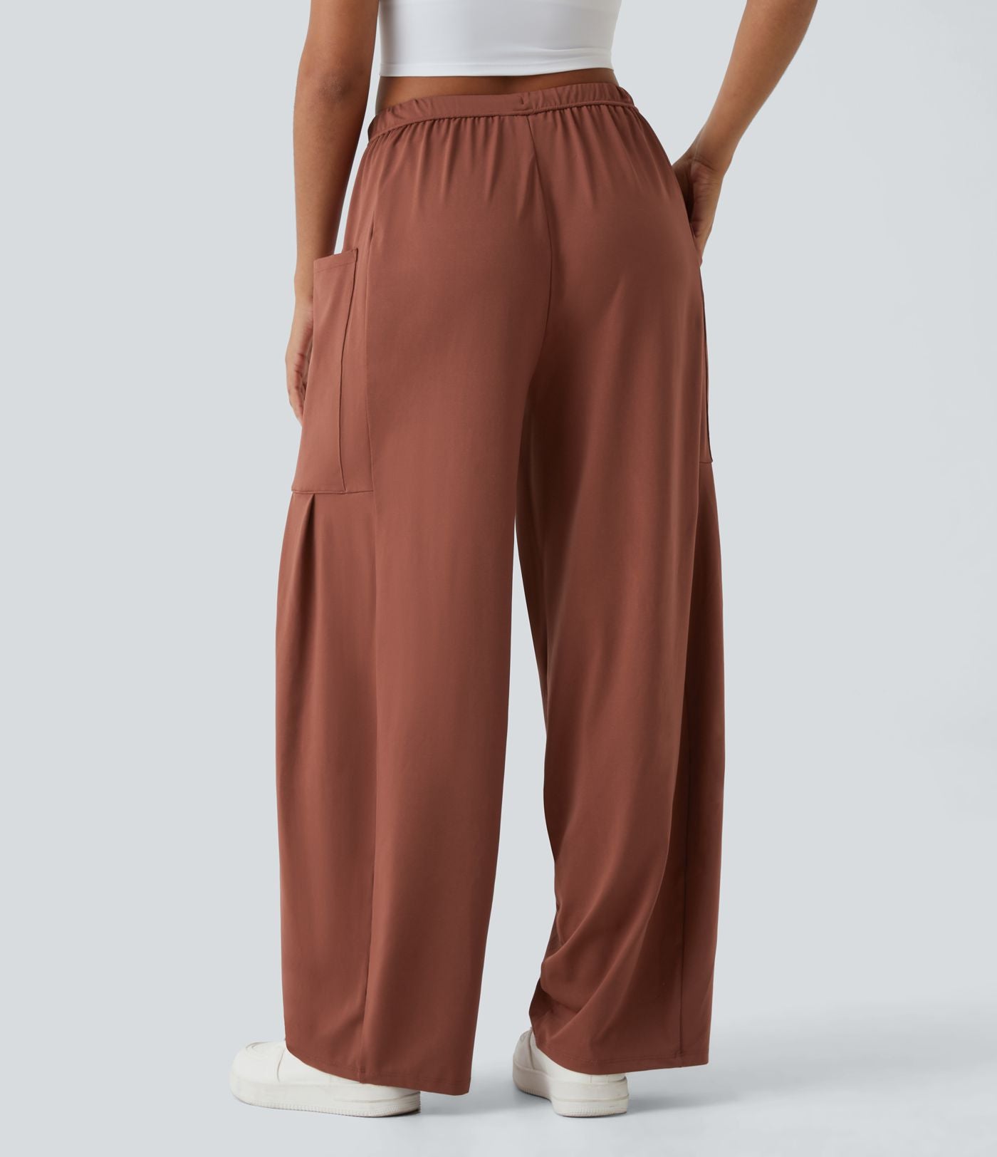 Pantalon Large Fluide Taille Mi-Haute Taille Élastique Cordon Poches Latérales Ourlet Flottant