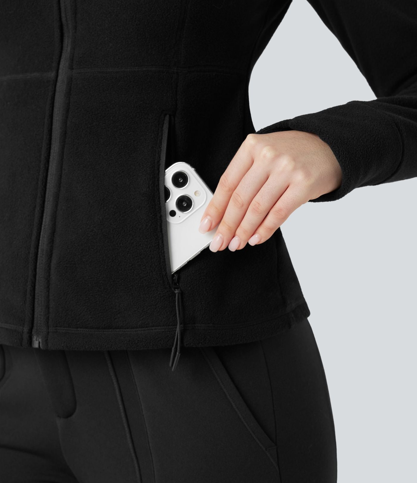Veste randonnée col cheminée manches longues avec trous pour pouces et poches