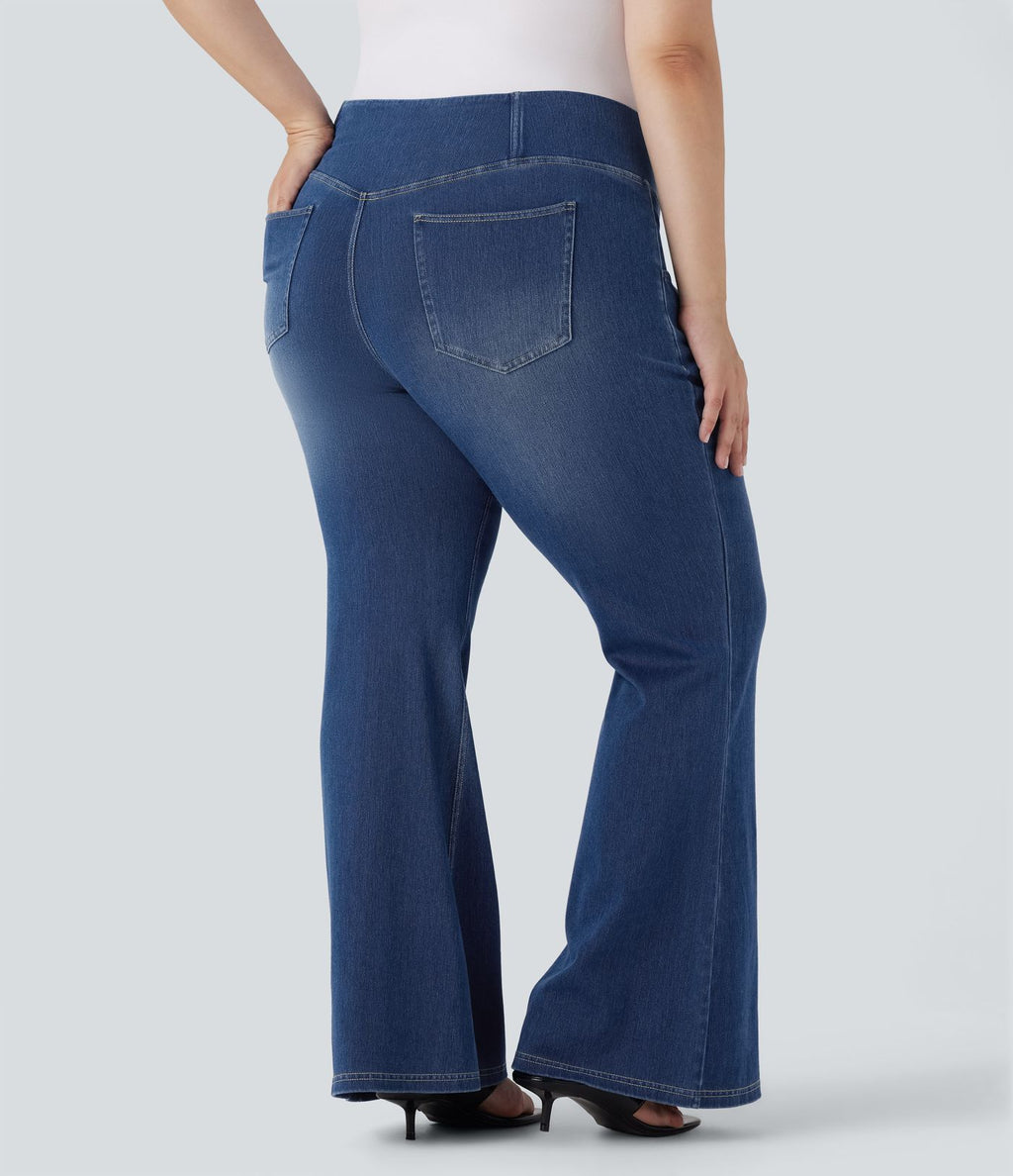 Jean évasé décontracté Halara Flex™ grande taille croisé taille haute en maille extensible délavée avec multiples poches