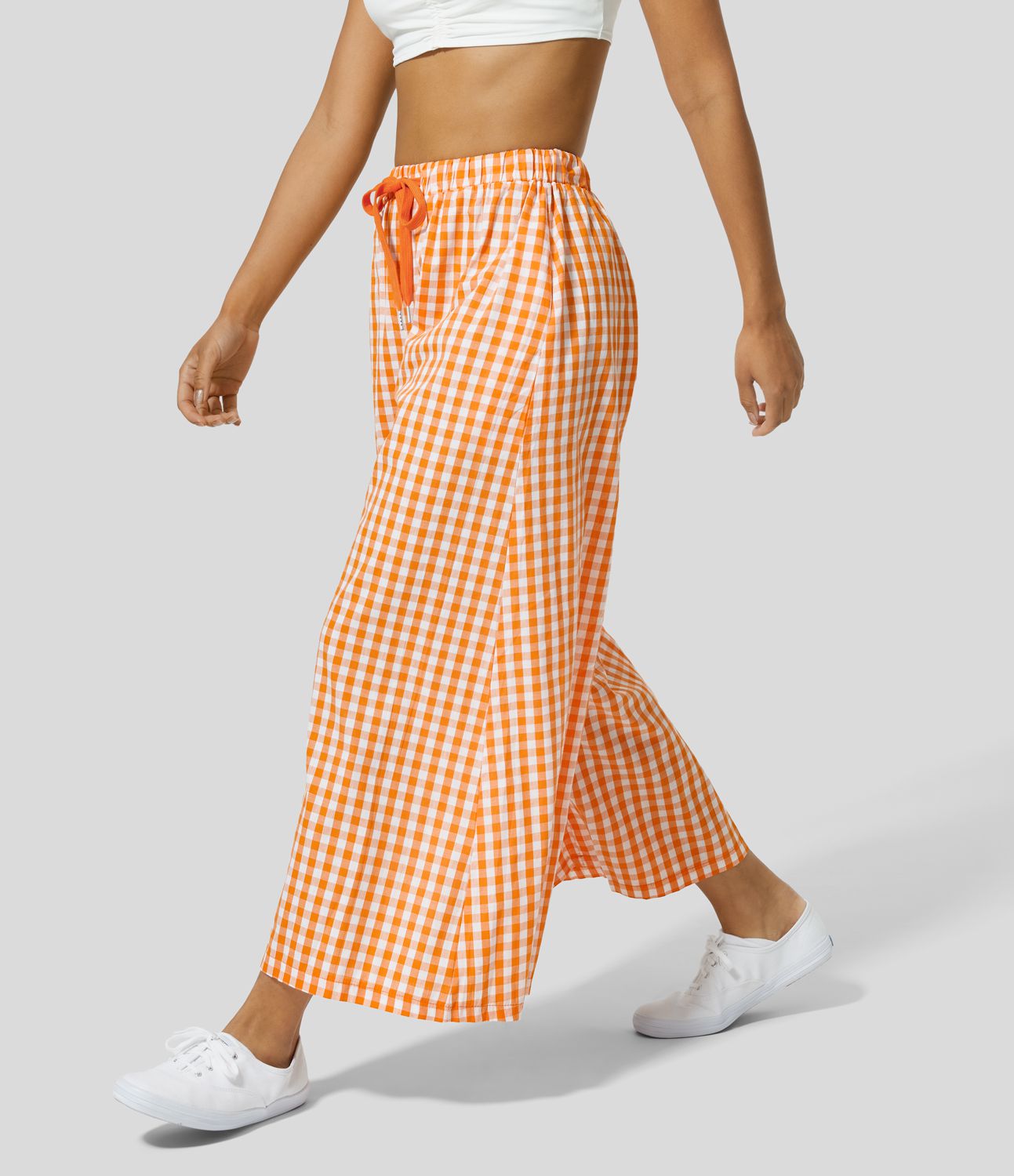 Pantalon en Coton Casual à Carreaux à Taille Haute avec Cordon de Serrage et Poches Latérales Amples