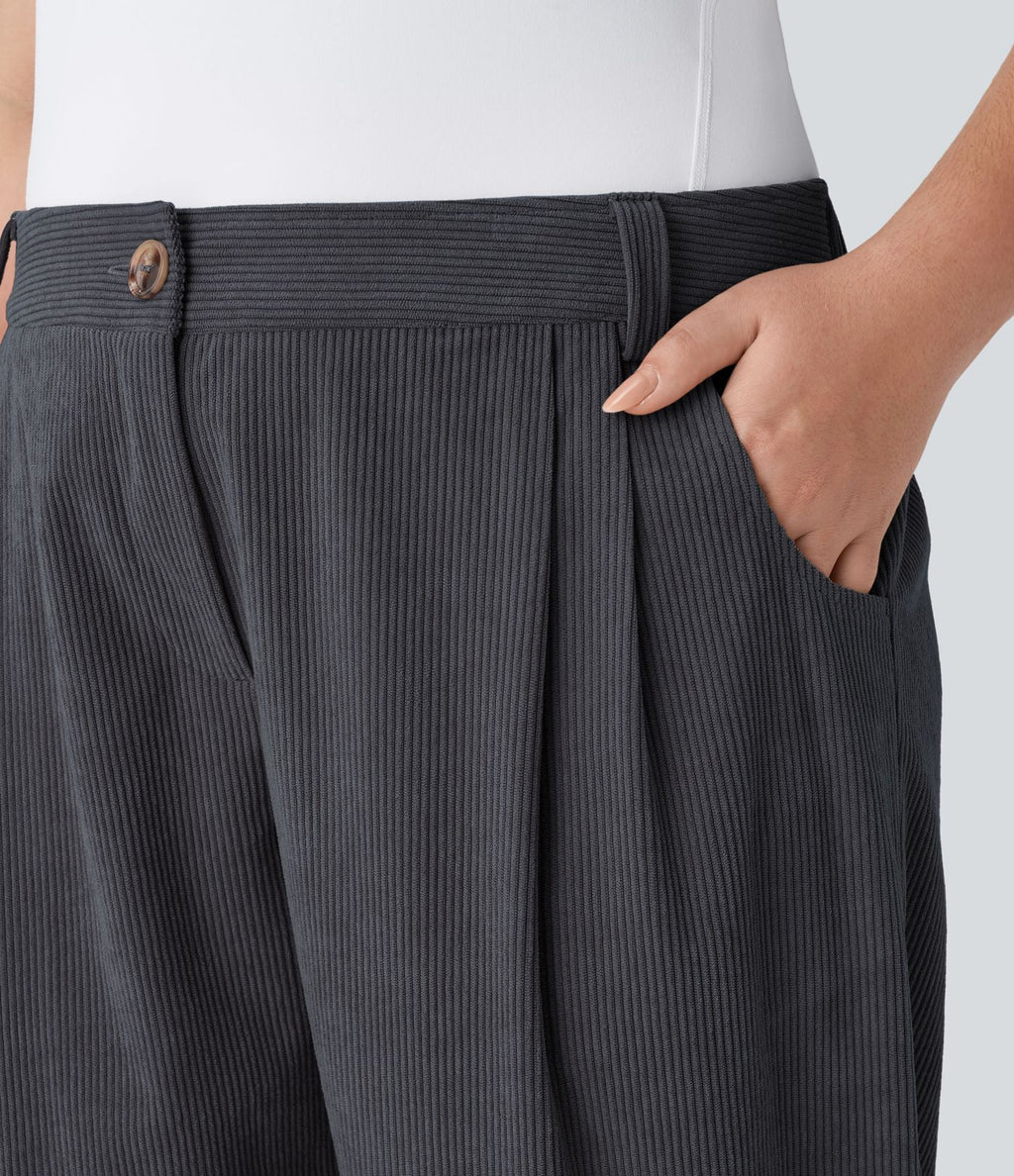 Pantalon Casual Grande Taille Velours Côtelé Taille Mi-haute Boutonnés Fermeture Éclair Poches Latérales