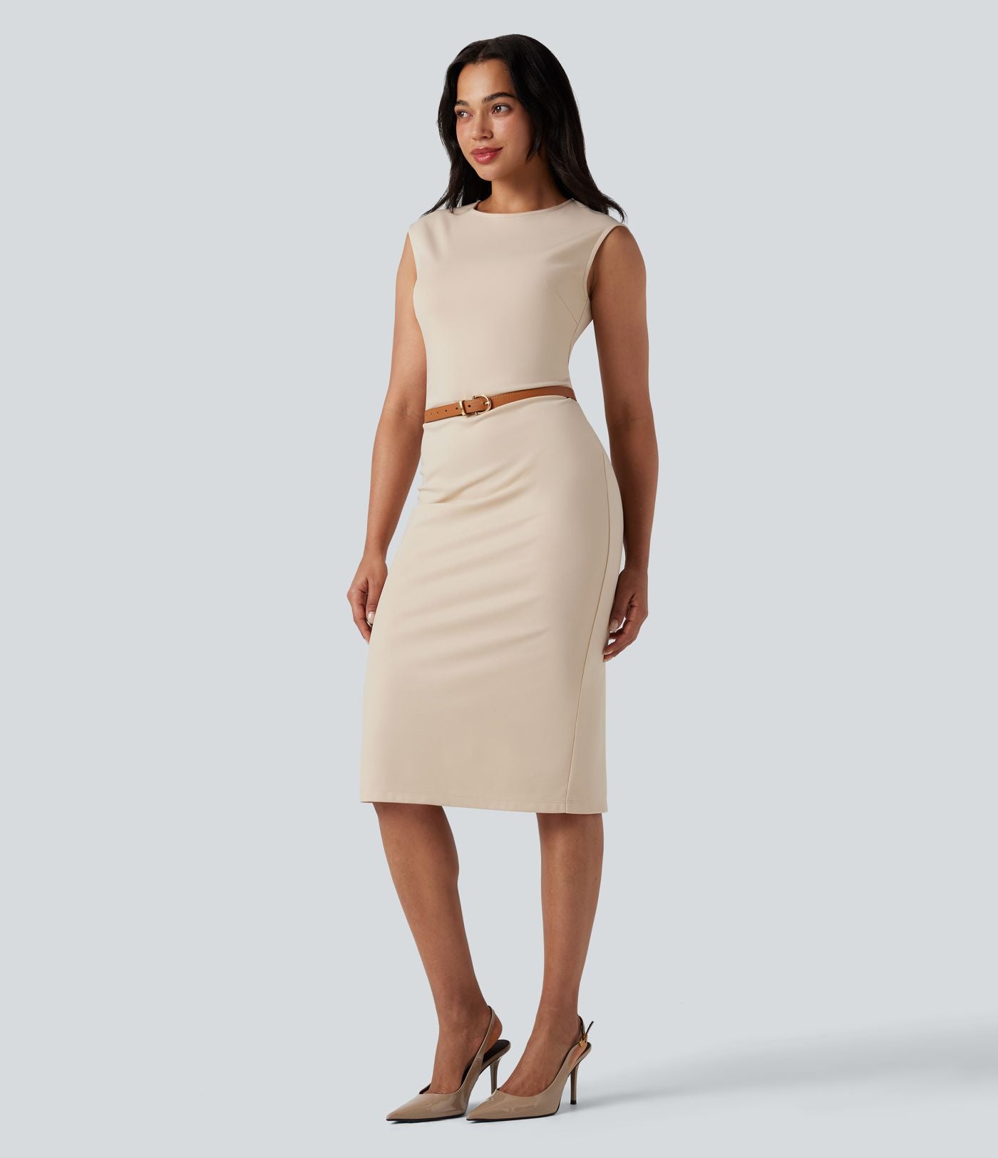 Robe mi-longue moulante tailleur col rond sans manches