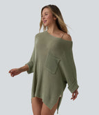 Pull décontracté oversize asymétrique demi-manches ourlet fendu avec poche