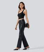 Pantalon bootcut taille mi-haute en simili stretch avec poches