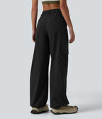 Pantalon cargo droit de randonnée taille haute avec poches