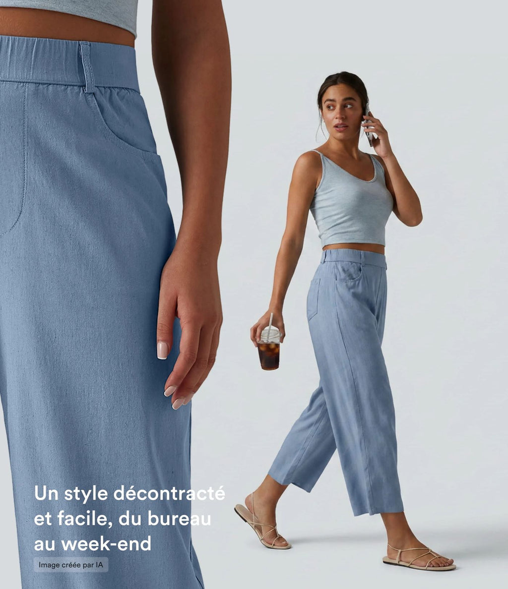 Pantalon casual taille haute en lin stretch coupe barrel avec poches