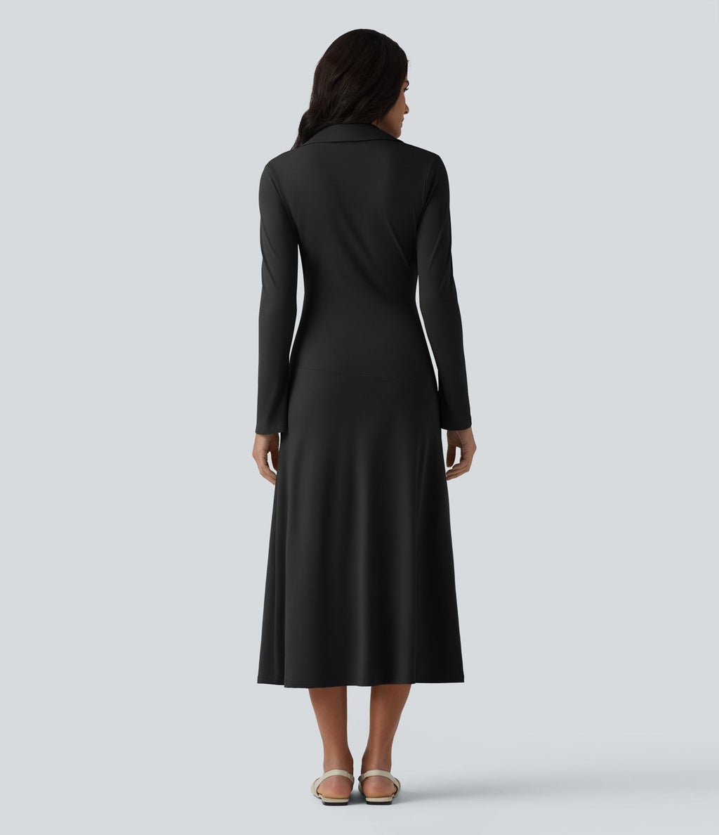 Robe midi décontractée à col en V et manches longues froncées