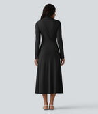 Robe midi décontractée à col en V et manches longues froncées