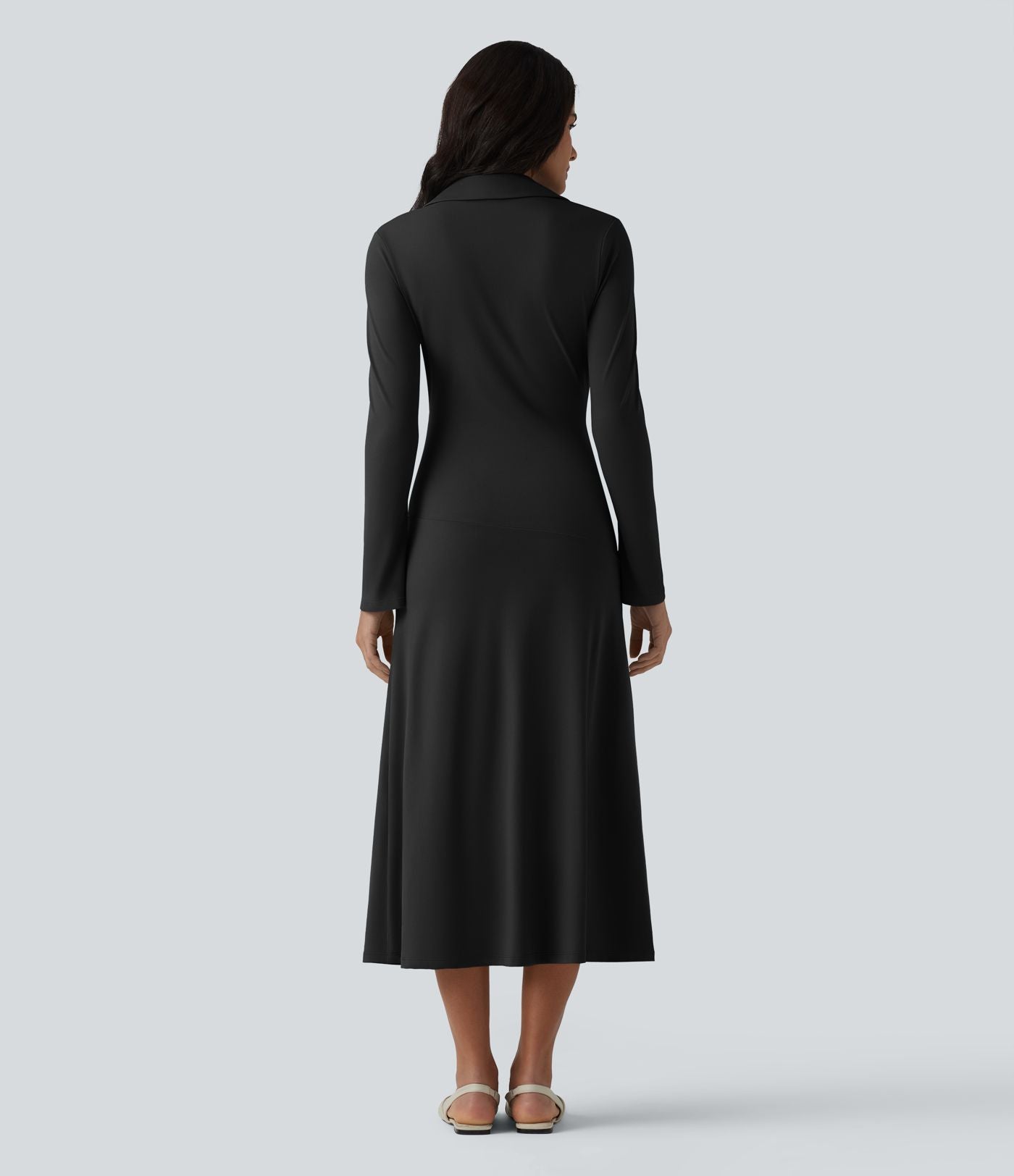 Robe midi décontractée à col en V et manches longues froncées